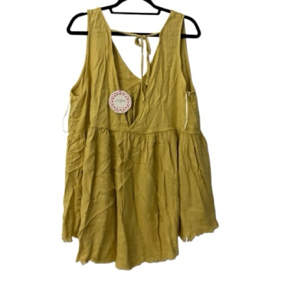 NWT Umgee Mustard Yellow deep v neck Sleeveless Tie-Back Babydoll Tank Top Sz M